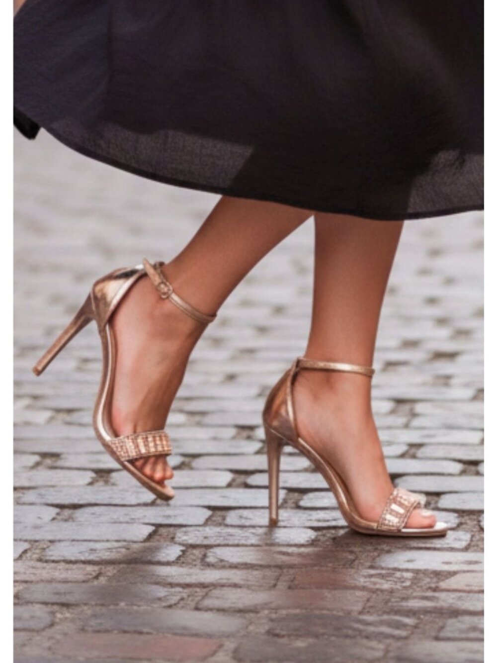 Rose Gold Ankle Strap Stiletto Heels With Rhinestone Embellished Open Toe Design